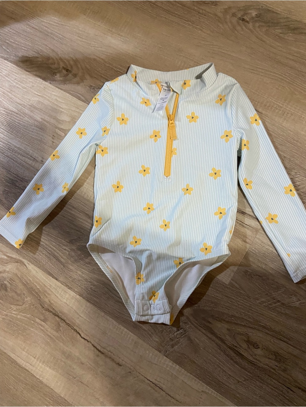 Carter's Pale Blue Stripe Long-Sleeve One-Piece with Yellow Flowers